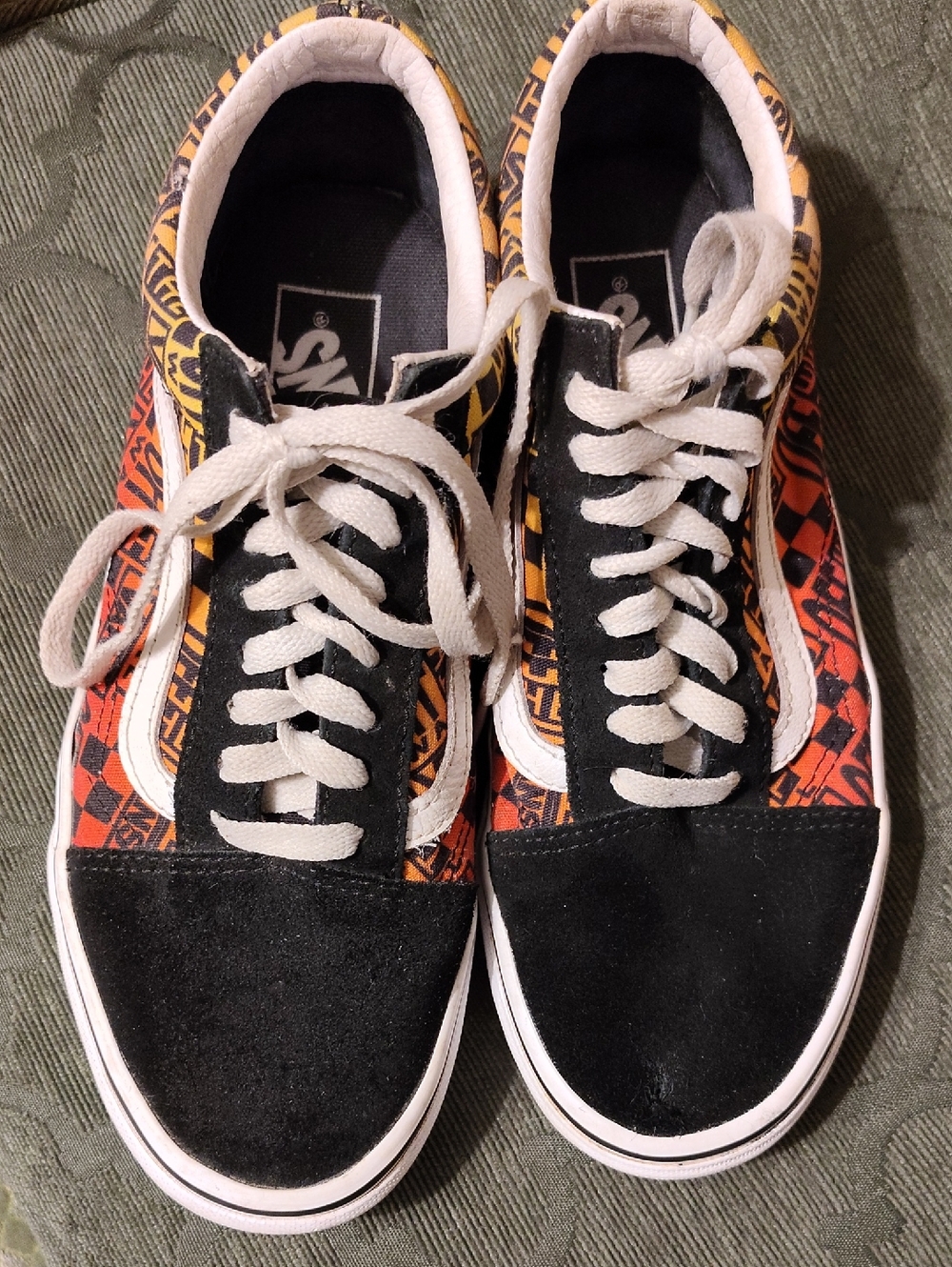 Vans Black Suede Low Top Sneakers with Orange & Yellow Graphic